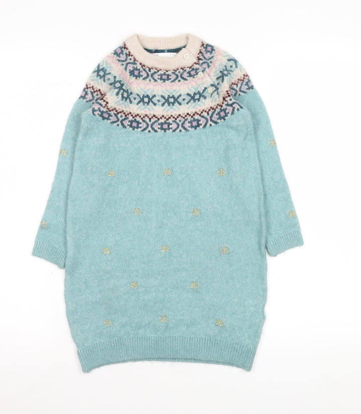 Marks and Spencer Girls Green Fair Isle Knit Jumper Dress 4-5 Years Soft Acrylic Mix
