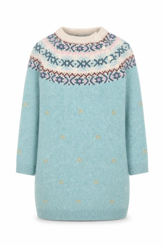 Marks and Spencer Girls Green Fair Isle Knit Jumper Dress 4-5 Years Soft Acrylic Mix