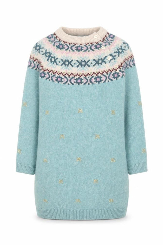 Front view of Marks & Spencer girls’ green fair isle knit jumper dress 4-5 years soft acrylic mix