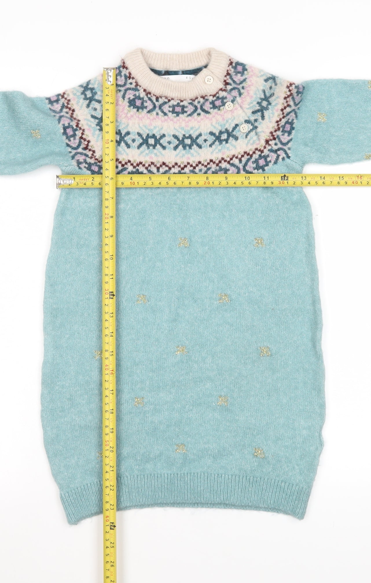 Marks and Spencer Girls Green Fair Isle Knit Jumper Dress 4-5 Years Soft Acrylic Mix