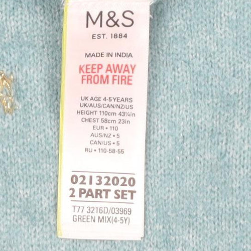 Marks and Spencer Girls Green Fair Isle Knit Jumper Dress 4-5 Years Soft Acrylic Mix