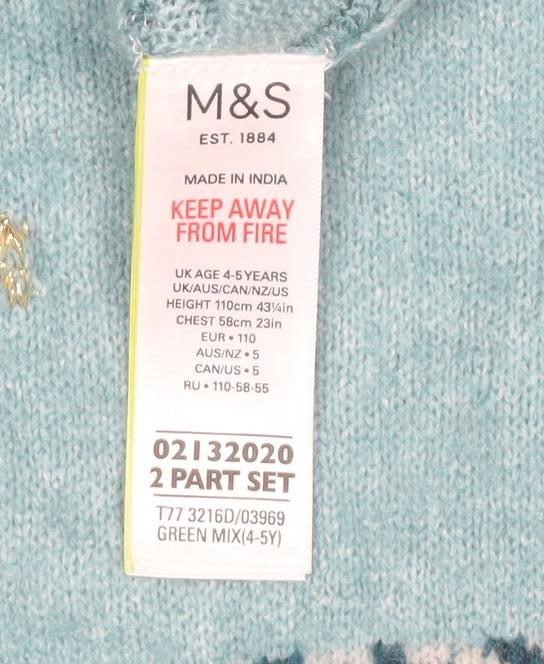Marks and Spencer Girls Green Fair Isle Knit Jumper Dress 4-5 Years Soft Acrylic Mix