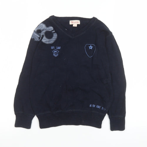 Brums Boys Navy Blue V-Neck Pullover Jumper 6 Years 100% Cotton Graphic Print