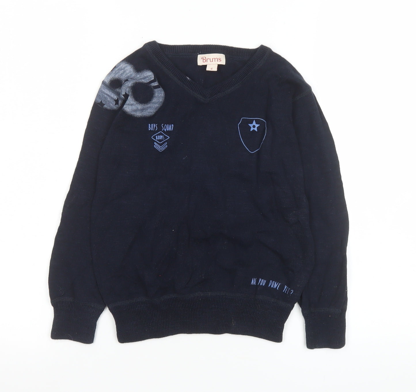 Brums Boys Navy Blue V-Neck Pullover Jumper 6 Years 100% Cotton Graphic Print