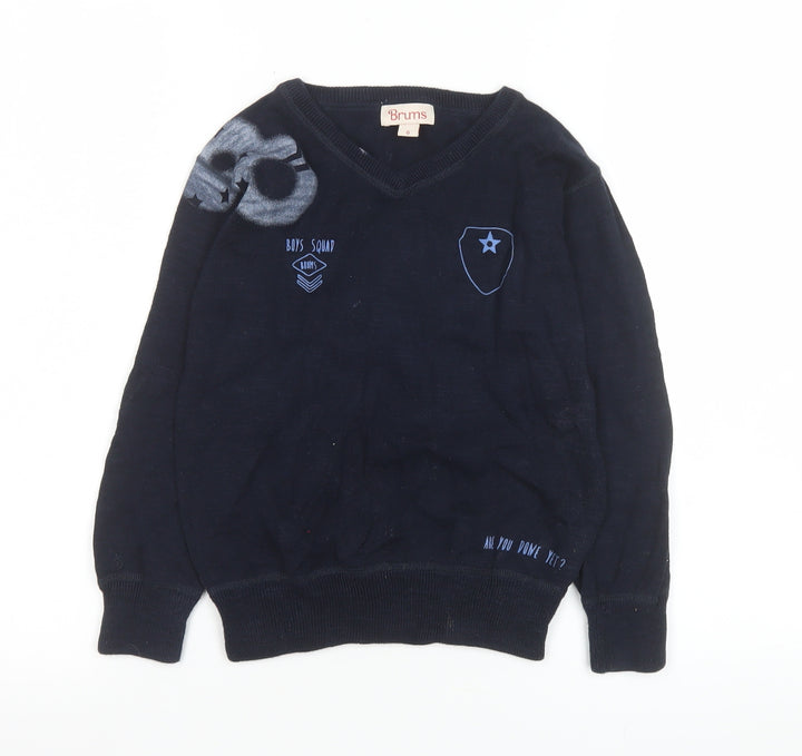 Brums Boys Navy Blue V-Neck Pullover Jumper 6 Years 100% Cotton Graphic Print