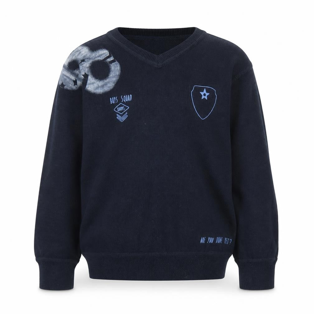 Brums Boys Navy Blue V-Neck Pullover Jumper 6 Years 100% Cotton Graphic Print