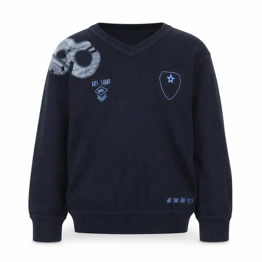 Brums Boys Navy Blue V-Neck Pullover Jumper 6 Years 100% Cotton Graphic Print