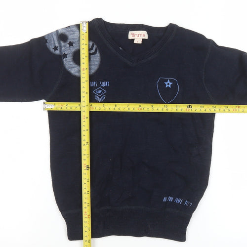 Brums Boys Navy Blue V-Neck Pullover Jumper 6 Years 100% Cotton Graphic Print