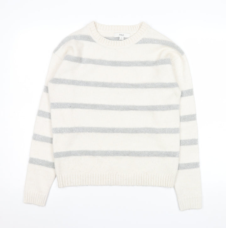 Marks and Spencer Women Ivory Striped Crew Neck Knit Jumper XS