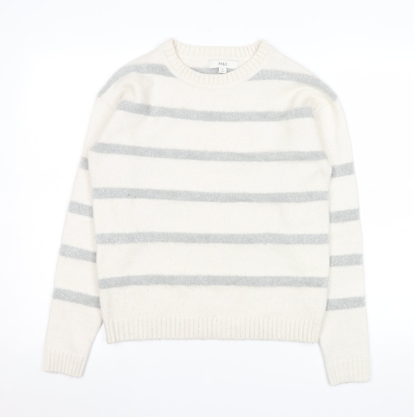 Marks and Spencer Women Ivory Striped Crew Neck Knit Jumper XS