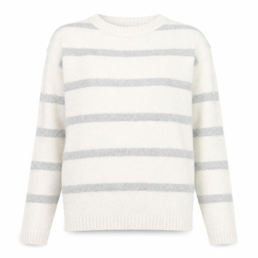 Front view of Marks & Spencer Women Ivory Striped Crew Neck Knit Jumper XS