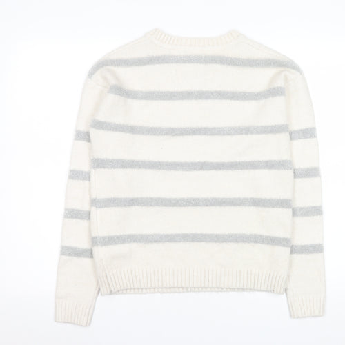 Marks and Spencer Women Ivory Striped Crew Neck Knit Jumper XS