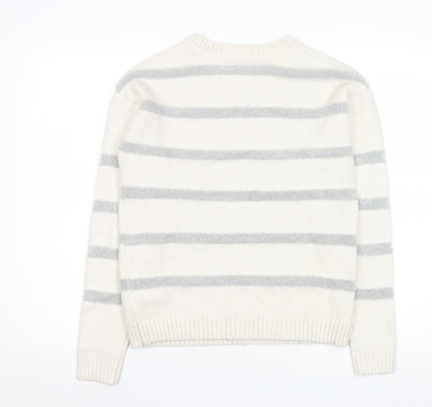 Marks and Spencer Women Ivory Striped Crew Neck Knit Jumper XS