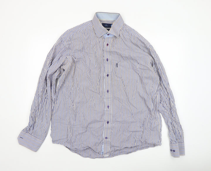 André Men's Blue Striped Cotton Long Sleeve Dress Shirt XL