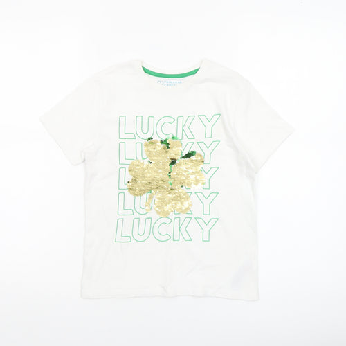 Primark Girls White Sequin Lucky Clover T-Shirt 7-8 Years