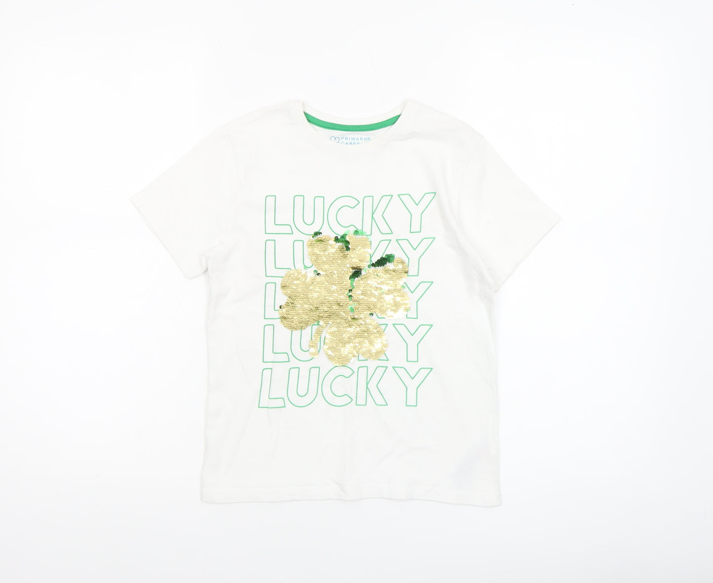 Primark Girls White Sequin Lucky Clover T-Shirt 7-8 Years