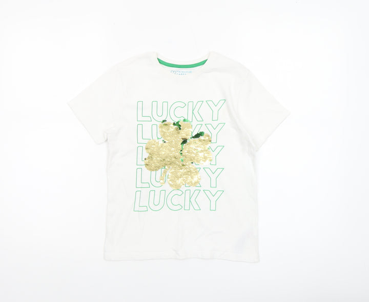 Primark Girls White Sequin Lucky Clover T-Shirt 7-8 Years