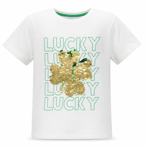 Primark Girls White Sequin Lucky Clover T-Shirt 7-8 Years