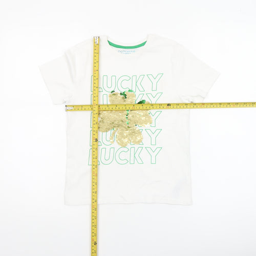 Primark Girls White Sequin Lucky Clover T-Shirt 7-8 Years