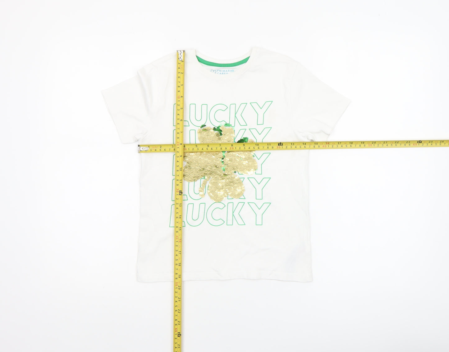 Primark Girls White Sequin Lucky Clover T-Shirt 7-8 Years
