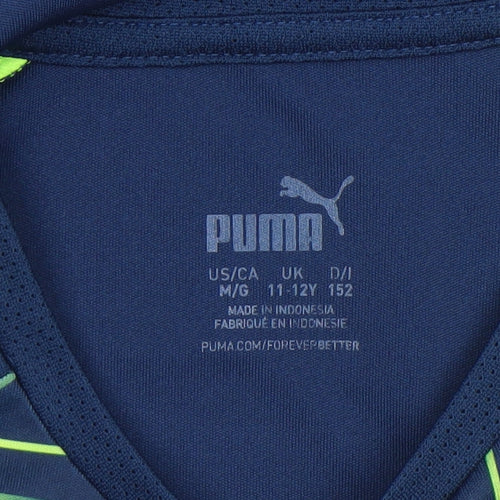Puma Boys Blue Geometric Sports T-Shirt 11-12 Years Lightweight Quick Dry