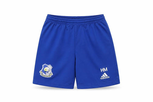 Front view of adidas boys’ blue football athletic shorts, size 10, years elastic waist