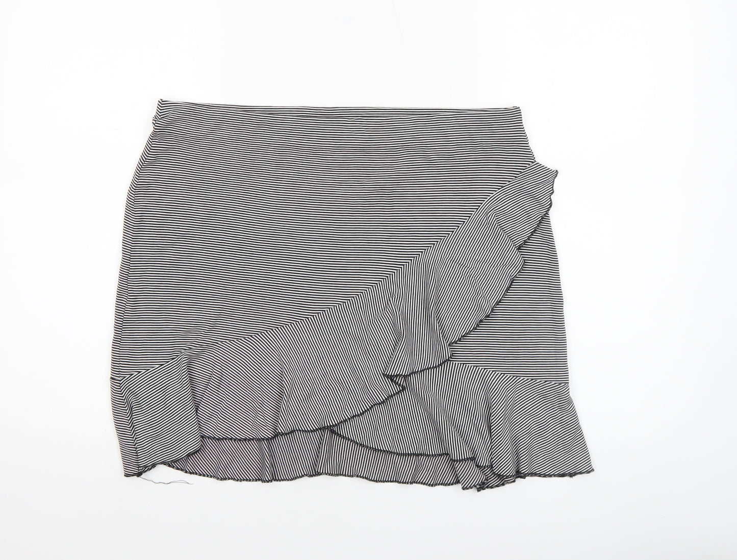 H&M Women’s Black Stripe Wrap Ruffle Knee Length Skirt Size L