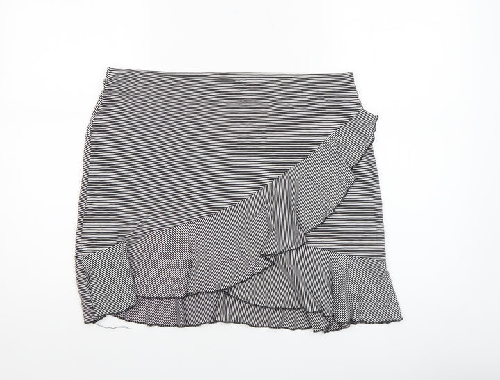 H&M Women’s Black Stripe Wrap Ruffle Knee Length Skirt Size L