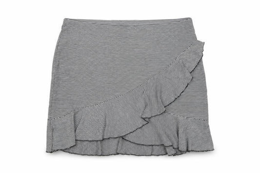 Front view of H&M Women’s Black Stripe Wrap Ruffle Knee Length Skirt, size L