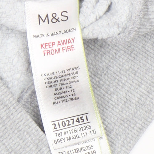 Marks and Spencer Boys Grey Marl Pullover Hoodie Age 11-12 Years Cotton Blend