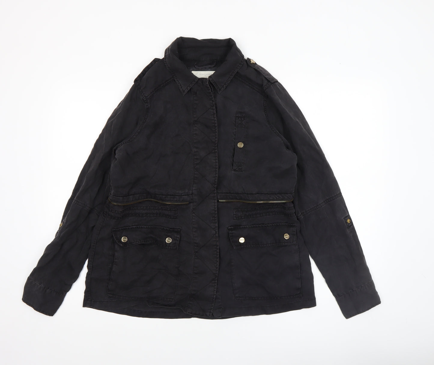 River Island Women's Black Military Jacket Size 8 Lyocell Mid-Length