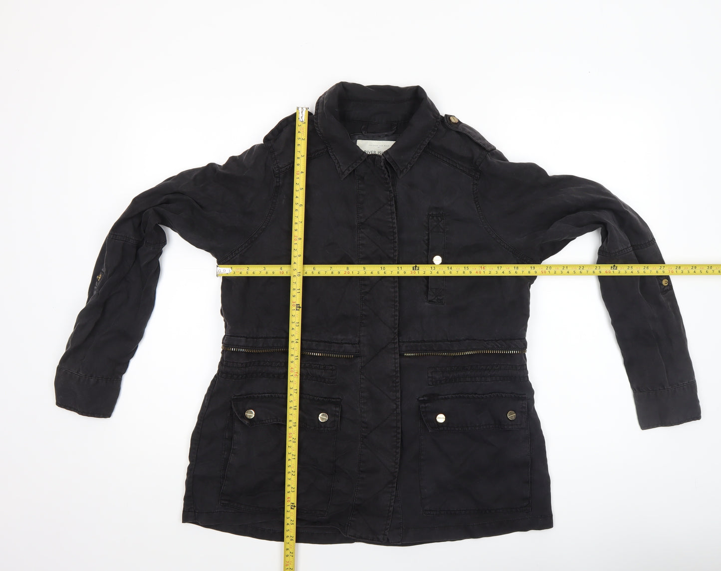 River Island Women's Black Military Jacket Size 8 Lyocell Mid-Length