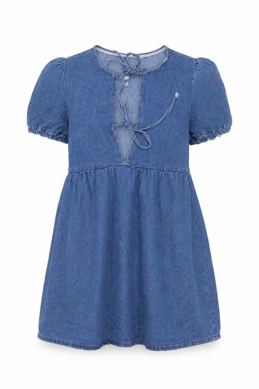 Front view of Forever 21 Women’s Blue Denim Short Sleeve Skater Dress XS
