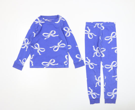 Next Girls Blue Bow Print Cotton Pyjama Set 7-8 Years Long Sleeve