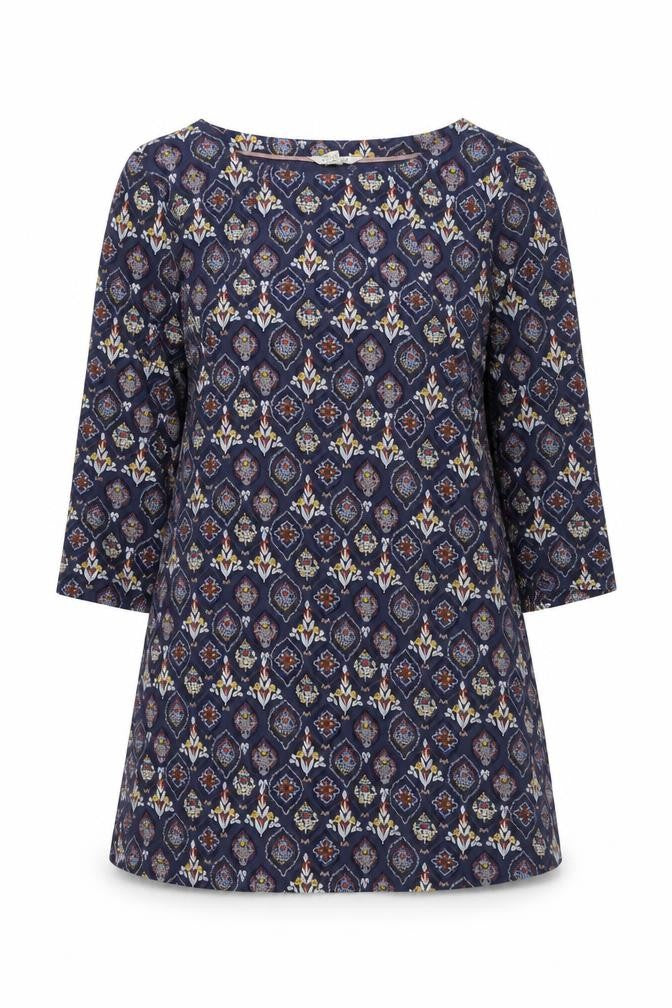 Front view of White Stuff Women Blue Geometric Shift Dress, size 10