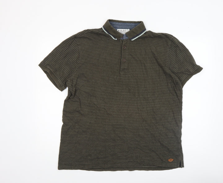 Pilot Men’s Green Striped Cotton Polo Shirt XL Regular Fit
