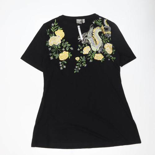 ASOS Women Black Size 10 Embroidered Dragon Floral T-Shirt Dress