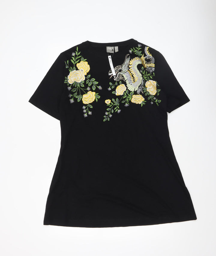 ASOS Women Black Size 10 Embroidered Dragon Floral T-Shirt Dress