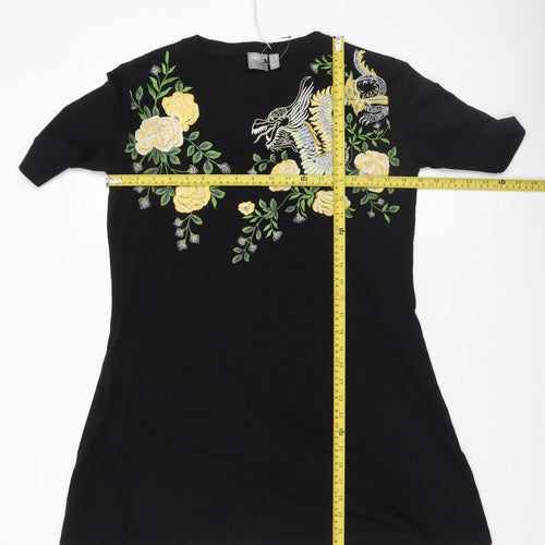 ASOS Women Black Size 10 Embroidered Dragon Floral T-Shirt Dress