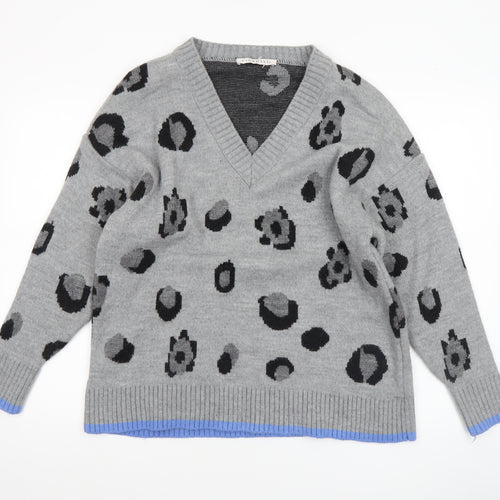 Fig & Basil Women's Grey Animal Print V-Neck Knit Jumper Size 12-14