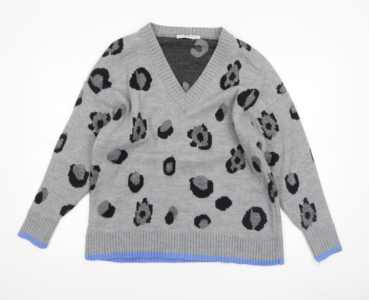 Fig & Basil Women's Grey Animal Print V-Neck Knit Jumper Size 12-14