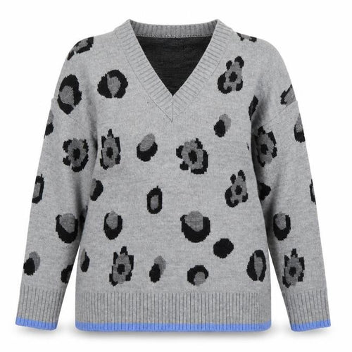 Fig & Basil Women's Grey Animal Print V-Neck Knit Jumper Size 12-14