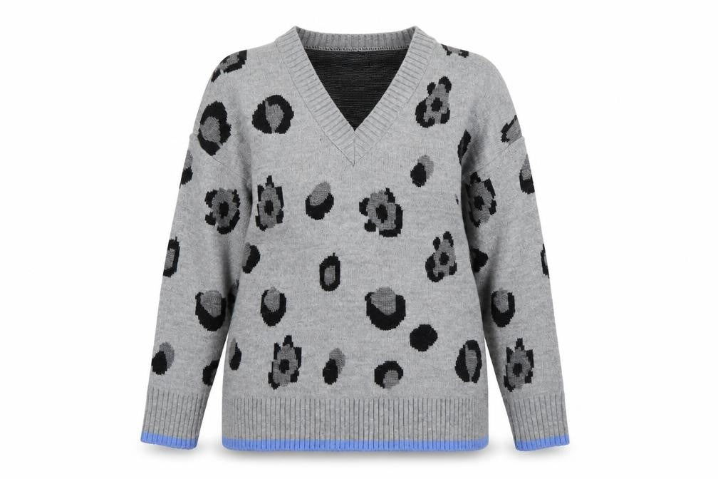 Fig & Basil Women's Grey Animal Print V-Neck Knit Jumper Size 12-14