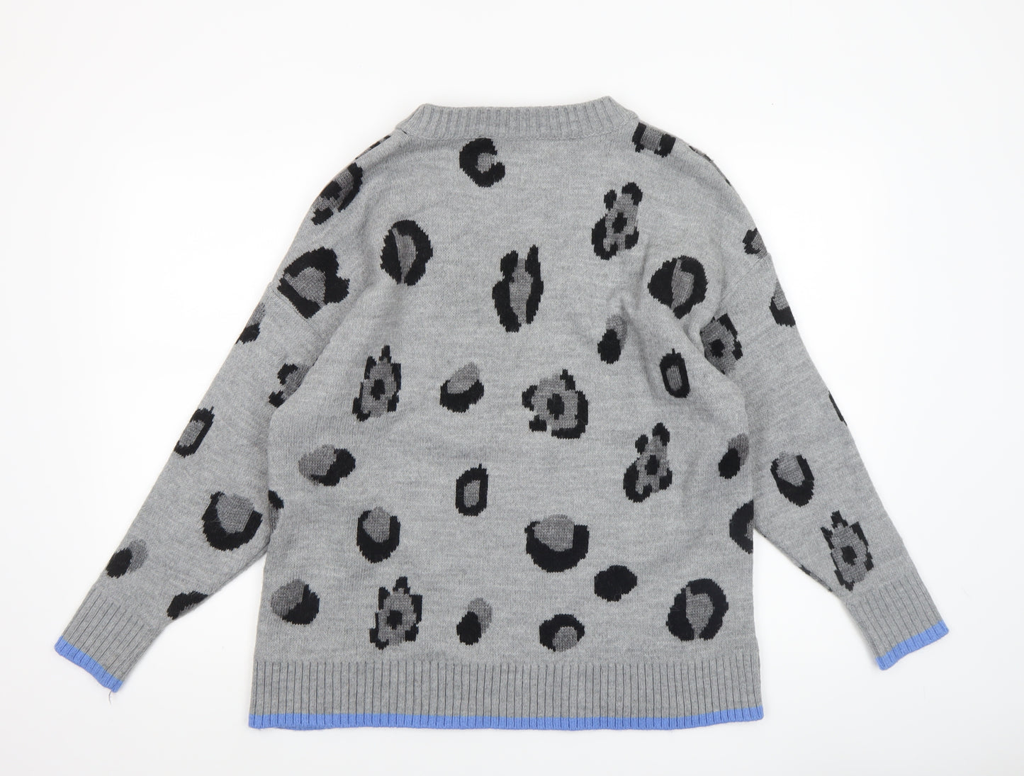 Fig & Basil Women's Grey Animal Print V-Neck Knit Jumper Size 12-14