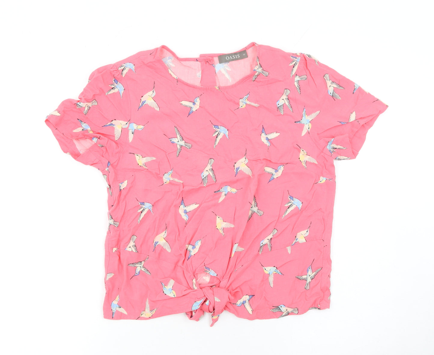 Oasis Womens Pink Bird Print Cropped Button Blouse Size 12