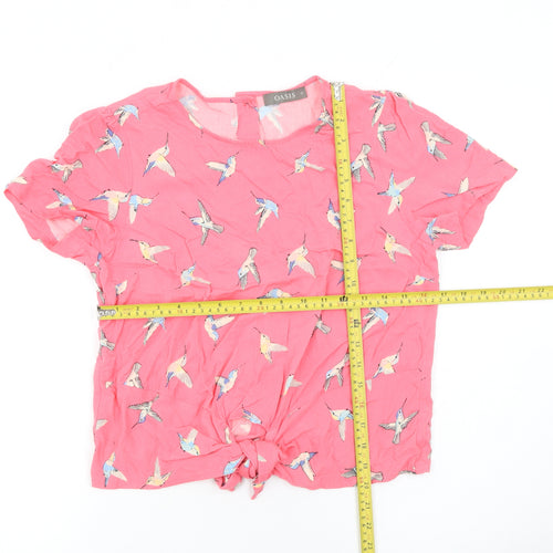 Oasis Womens Pink Bird Print Cropped Button Blouse Size 12