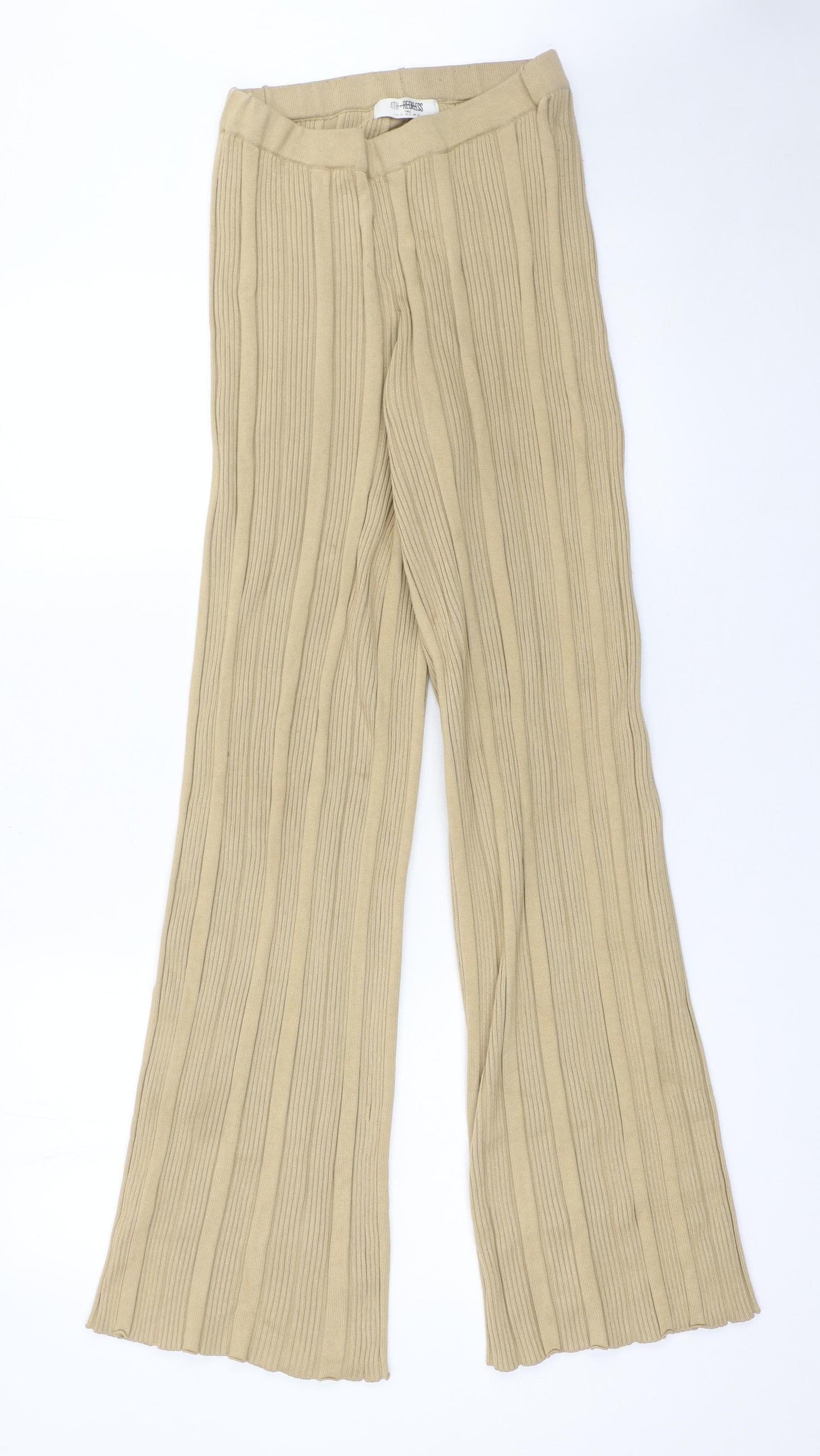 4th Reckless Women’s Beige Ribbed Knit Wide-Leg Trousers Size 10 Tall