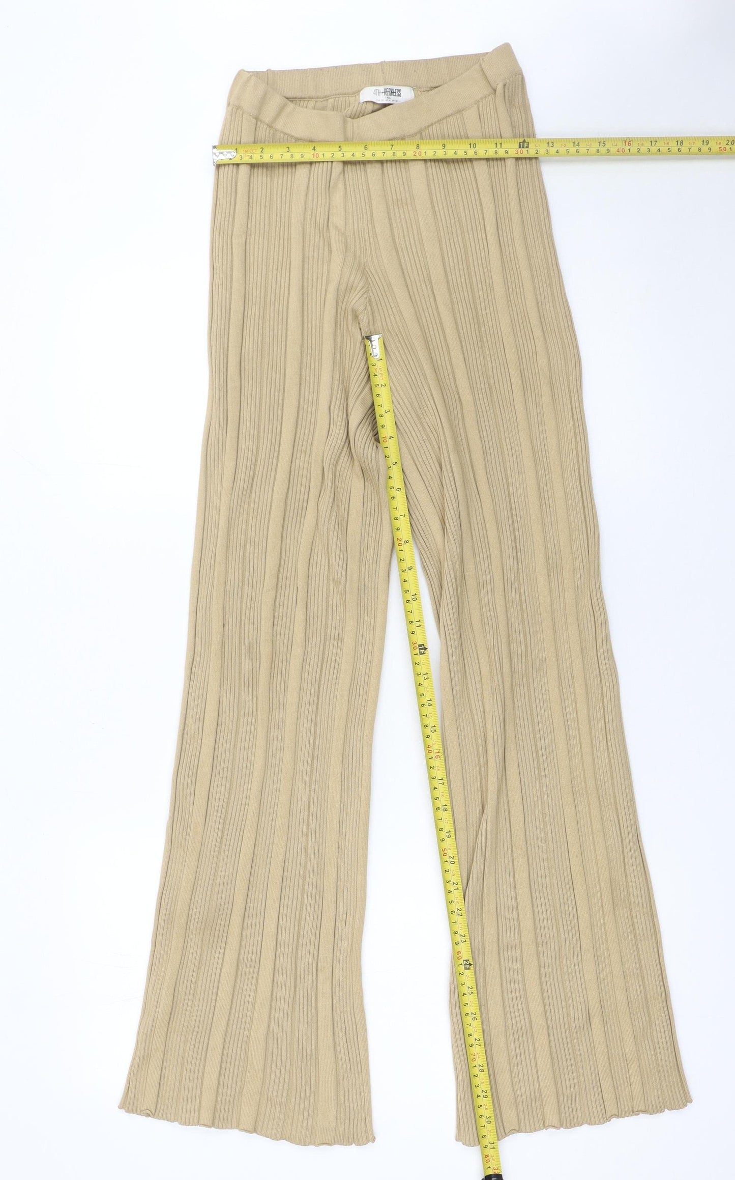 4th Reckless Women’s Beige Ribbed Knit Wide-Leg Trousers Size 10 Tall
