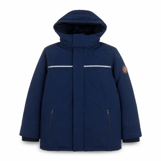 Front view of Andy & Evan boys’ blue hooded parka coat, size 11-12, years polyester winter jacket