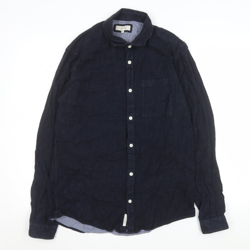 River Island Men's Blue Linen Long Sleeve Button-Up Shirt M